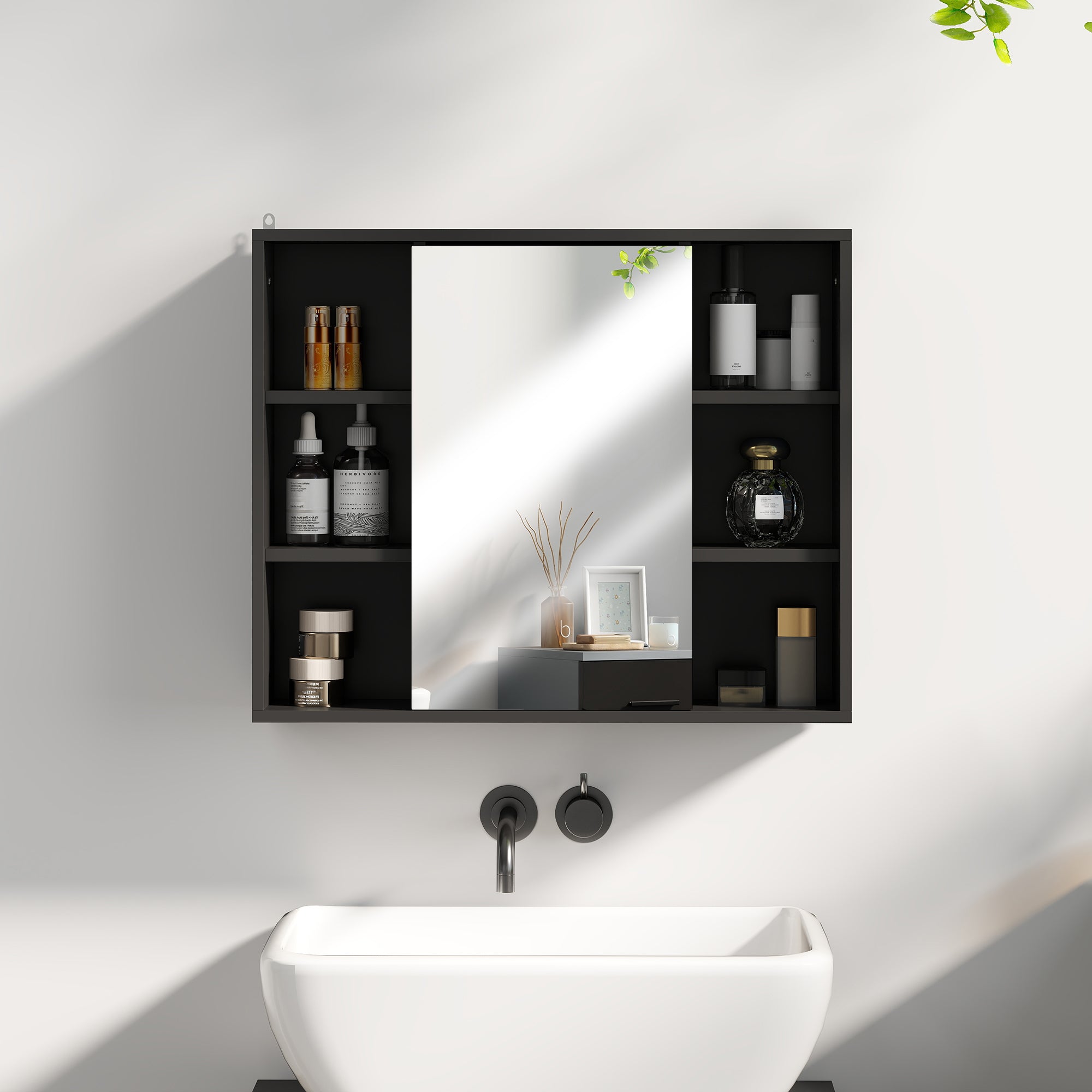 Wall Mounted Cabinet, Bathroom Storage Cabinet with Mirror, Bathroom Mirror with Storage, Door Cabinet and 6 Open Compartments, 60 x 14.5 x 49.4 cm, black