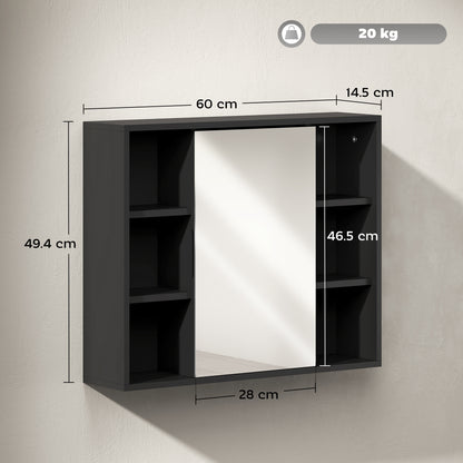 Wall Mounted Cabinet, Bathroom Storage Cabinet with Mirror, Bathroom Mirror with Storage, Door Cabinet and 6 Open Compartments, 60 x 14.5 x 49.4 cm, black