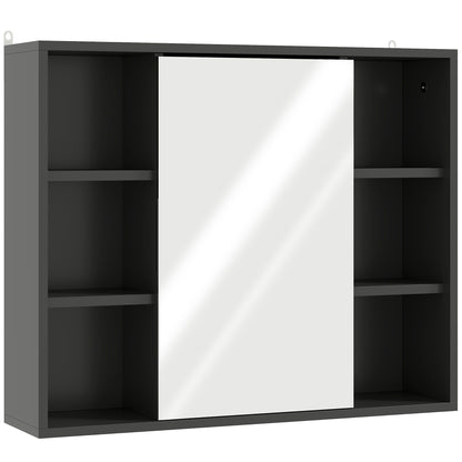 Wall Mounted Cabinet, Bathroom Storage Cabinet with Mirror, Bathroom Mirror with Storage, Door Cabinet and 6 Open Compartments, 60 x 14.5 x 49.4 cm, black