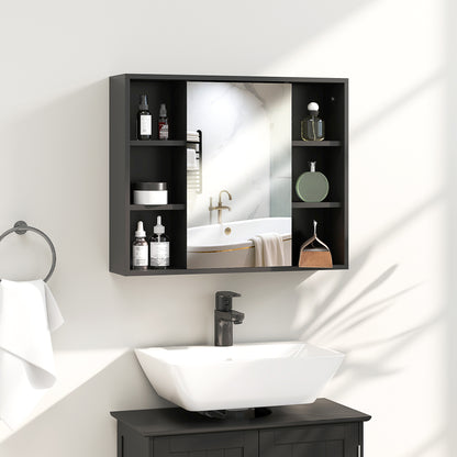 Wall Mounted Cabinet, Bathroom Storage Cabinet with Mirror, Bathroom Mirror with Storage, Door Cabinet and 6 Open Compartments, 60 x 14.5 x 49.4 cm, black