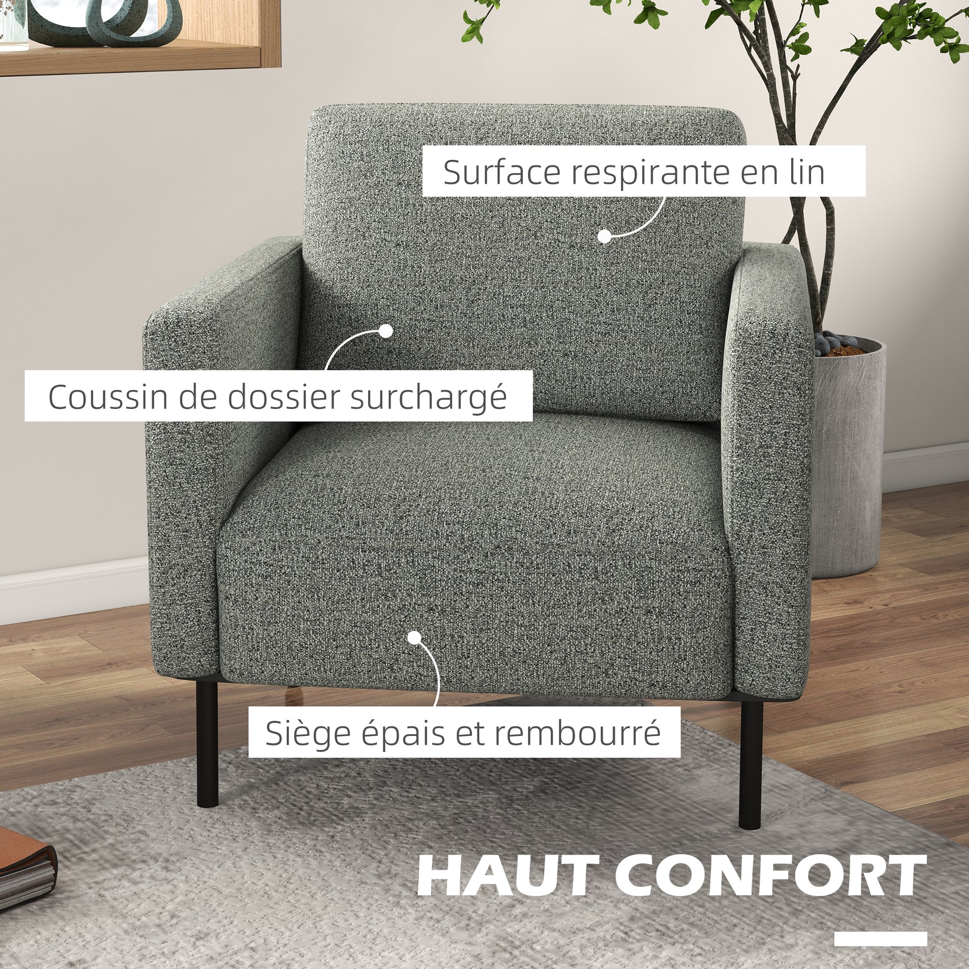Fabric Lounge Chair 1-Seater Fabric Upholstered Armchair with Steel Legs Comfortable Chair for Living Room Bedroom Living Room Office Interior 79 x 76 x 65 cm Gray Black