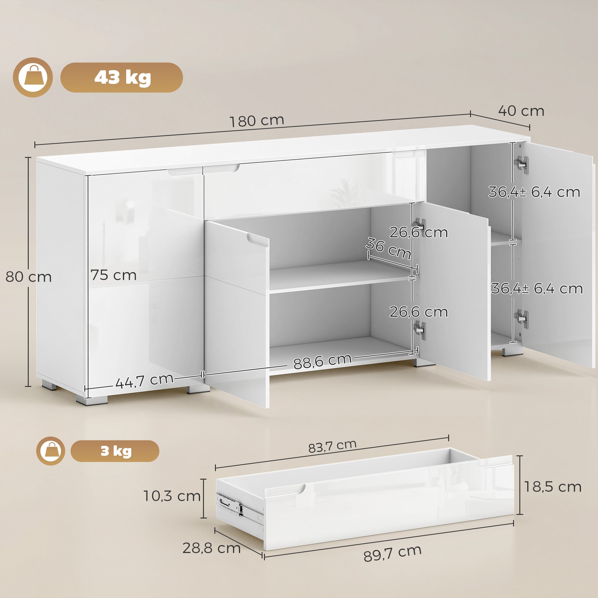 High-Gloss Sideboard — Modern 4-Door Buffet Cabinet with Adjustable Shelves & Soft-Close Doors, White