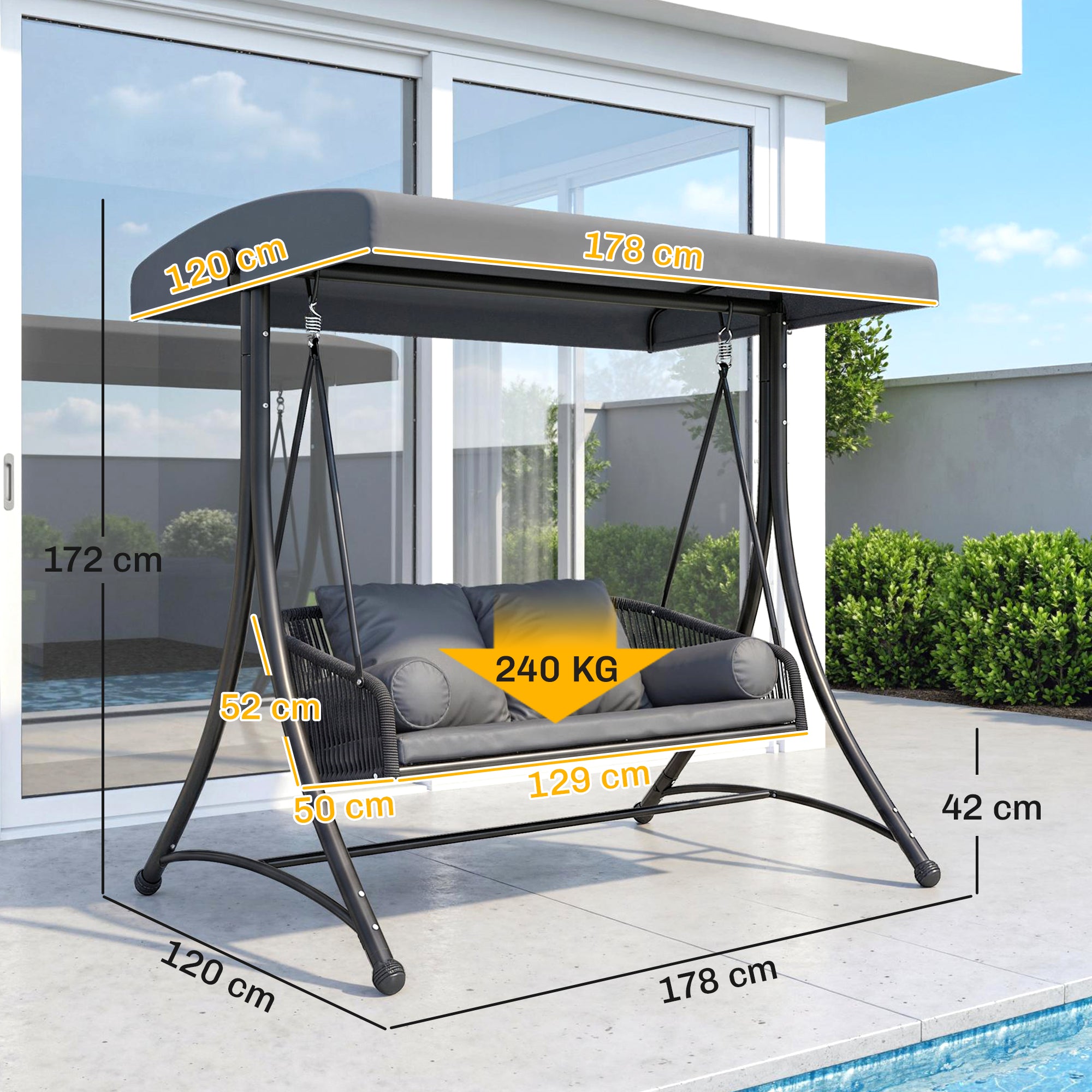 Rattan Hollywood Swing — 2-Seater Patio Bench with Adjustable Canopy & Cushions, A-Frame, Supports 529 lb, 70.1 x 47.2 x 67.7 in (Dark Gray)