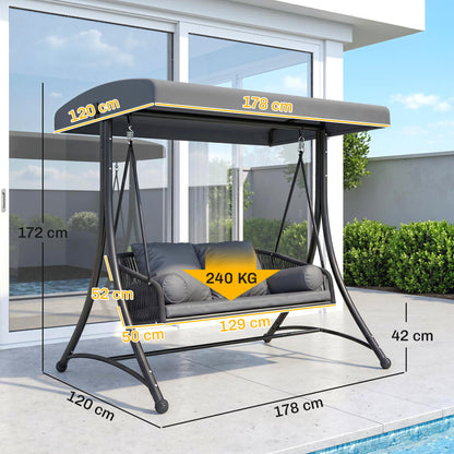 Rattan Hollywood Swing — 2-Seater Patio Bench with Adjustable Canopy & Cushions, A-Frame, Supports 529 lb, 70.1 x 47.2 x 67.7 in (Dark Gray)