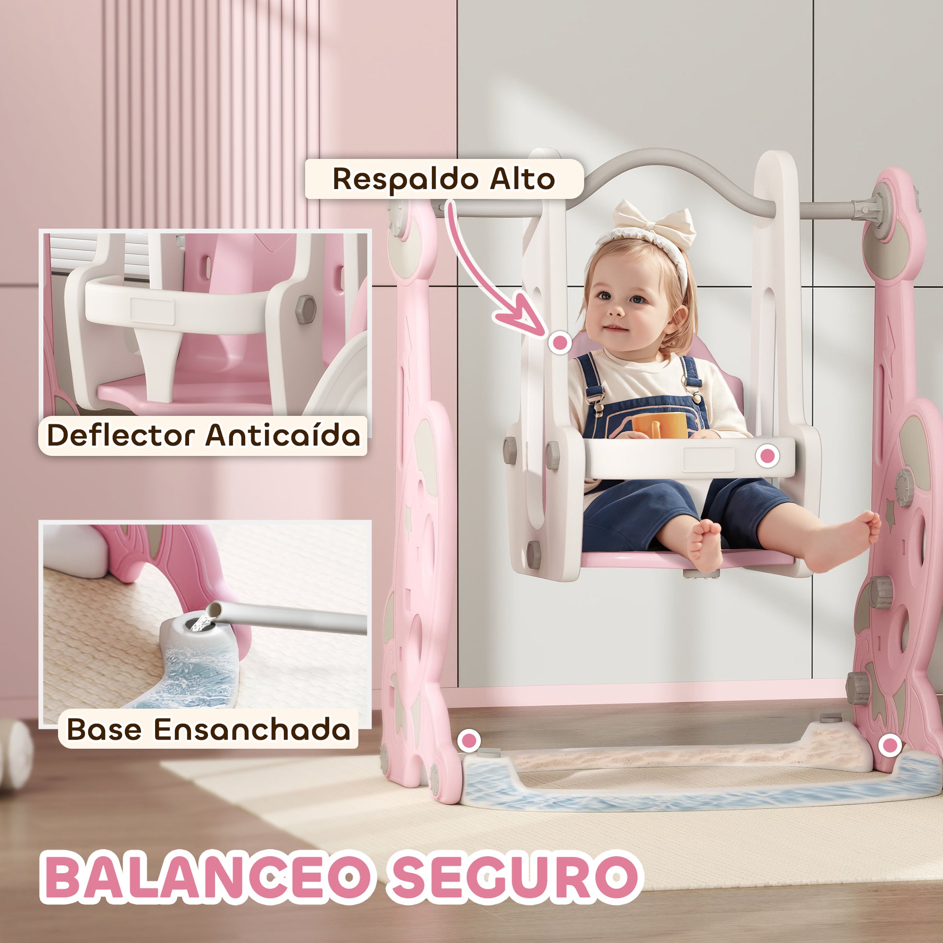 Kids Slide 4 in 1 Children's Playground with Swing and Slide Climber Basketball Hoop Rocket Theme for Indoor Play Pink and White