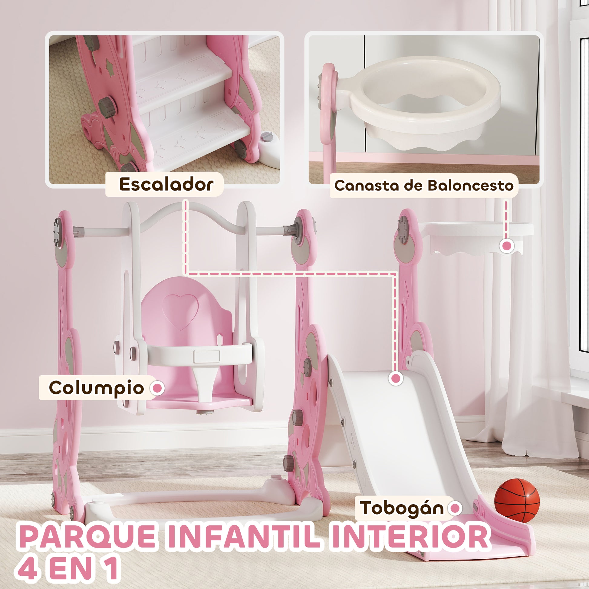 Kids Slide 4 in 1 Children's Playground with Swing and Slide Climber Basketball Hoop Rocket Theme for Indoor Play Pink and White