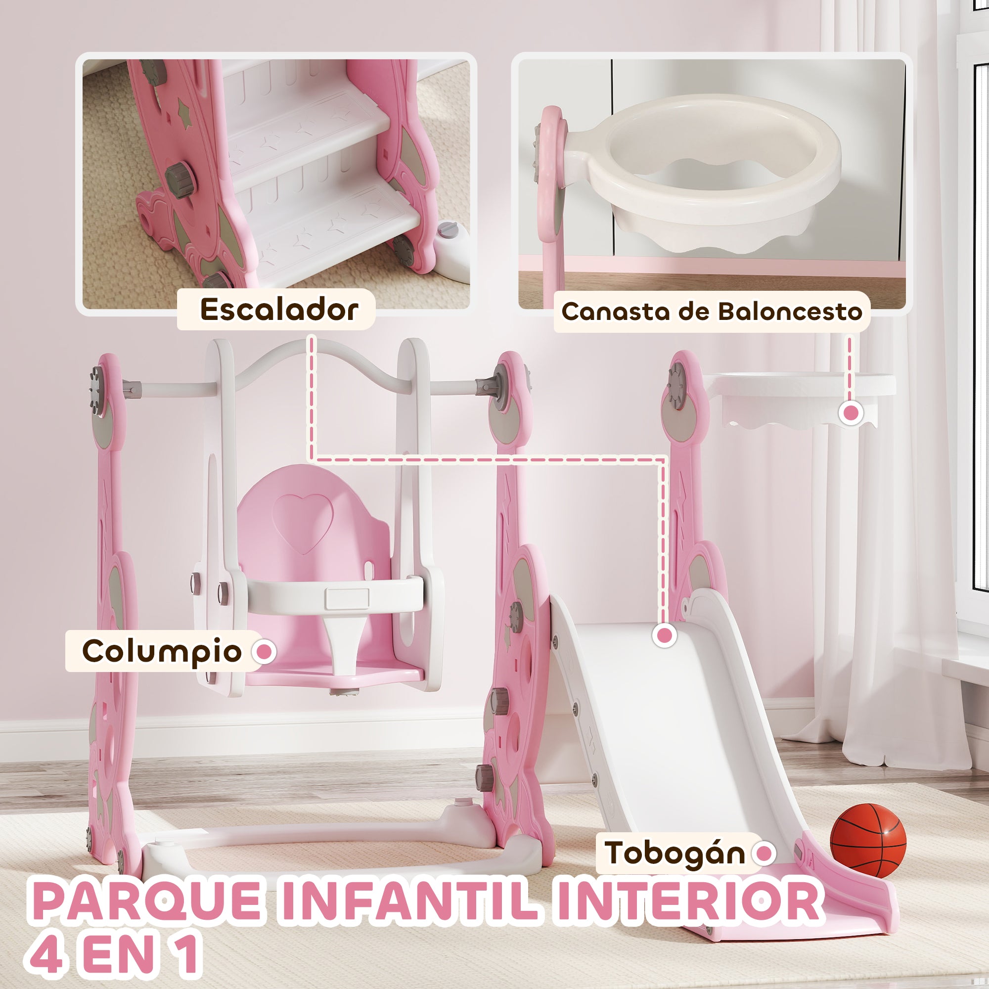 Kids Slide 4 in 1 Children's Playground with Swing and Slide Climber Basketball Hoop Rocket Theme for Indoor Play Pink and White