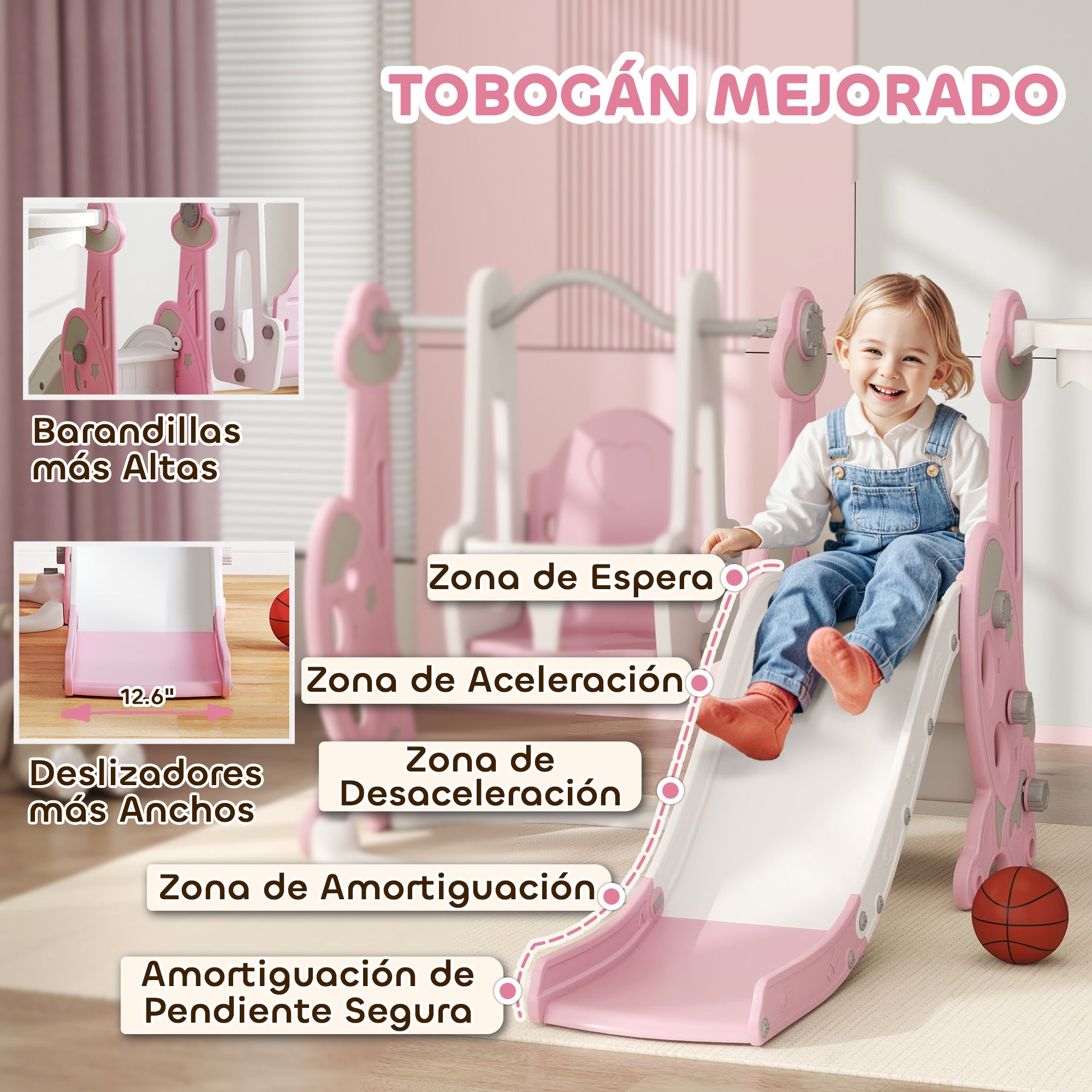 Kids Slide 4 in 1 Children's Playground with Swing and Slide Climber Basketball Hoop Rocket Theme for Indoor Play Pink and White