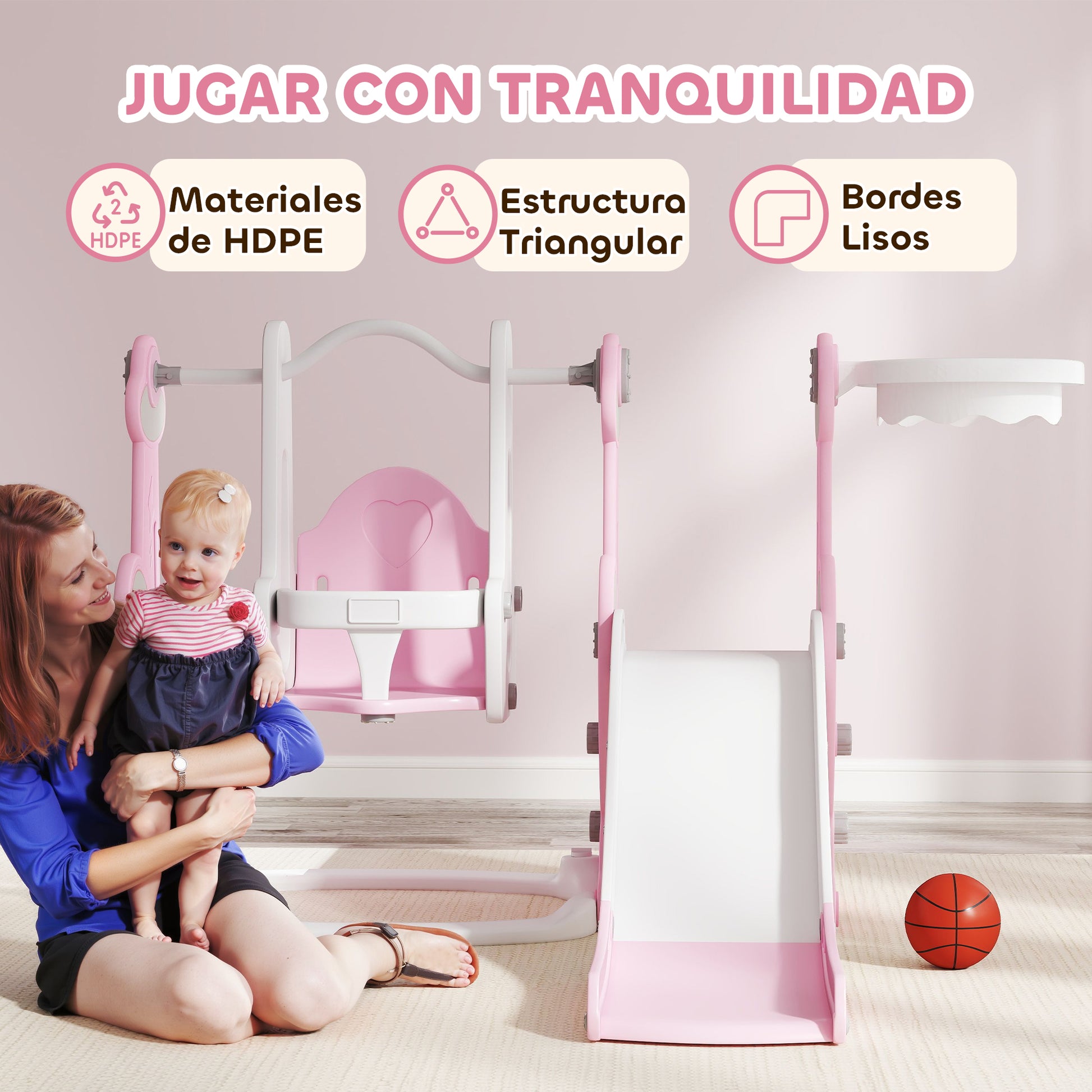 Kids Slide 4 in 1 Children's Playground with Swing and Slide Climber Basketball Hoop Rocket Theme for Indoor Play Pink and White