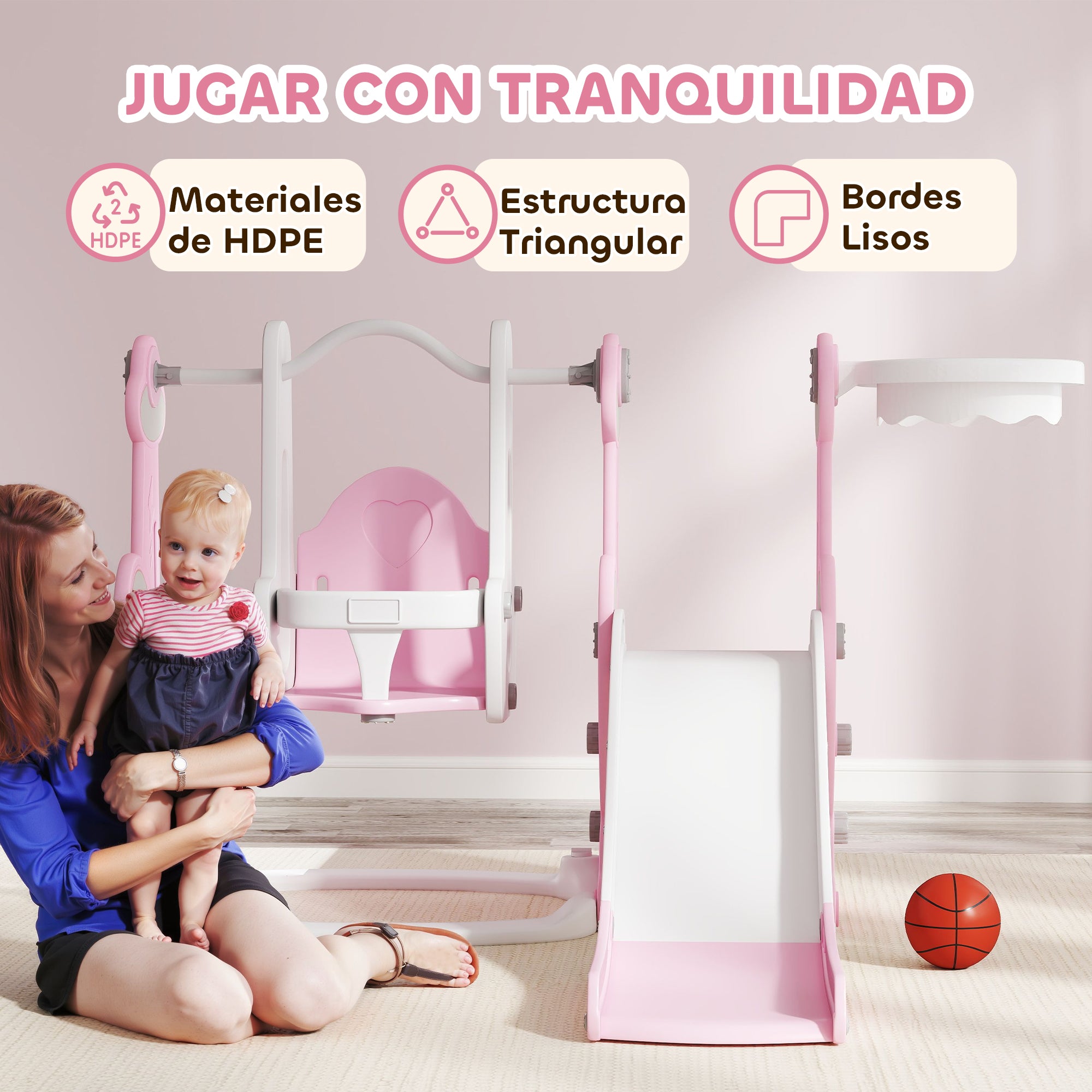 Kids Slide 4 in 1 Children's Playground with Swing and Slide Climber Basketball Hoop Rocket Theme for Indoor Play Pink and White