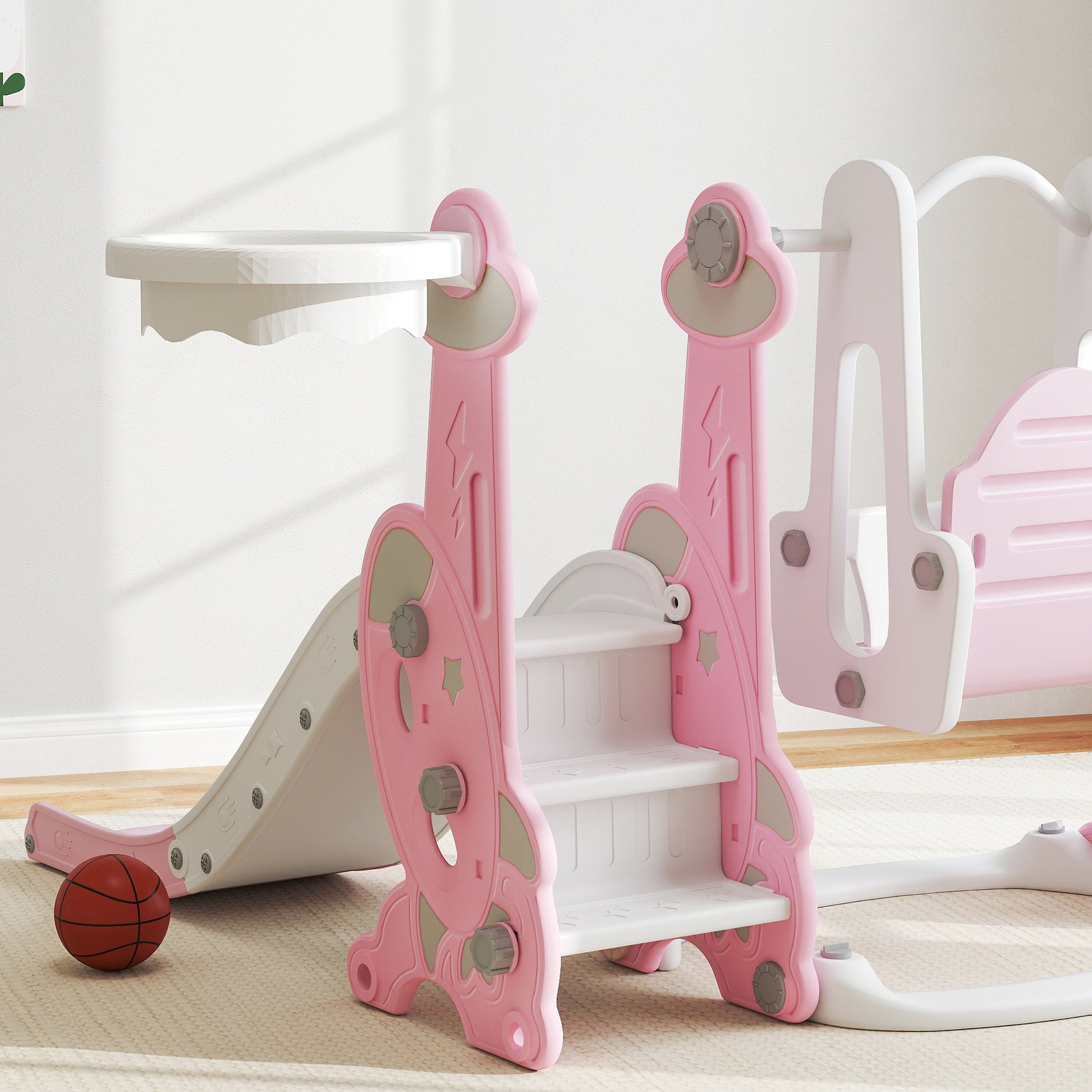 Kids Slide 4 in 1 Children's Playground with Swing and Slide Climber Basketball Hoop Rocket Theme for Indoor Play Pink and White