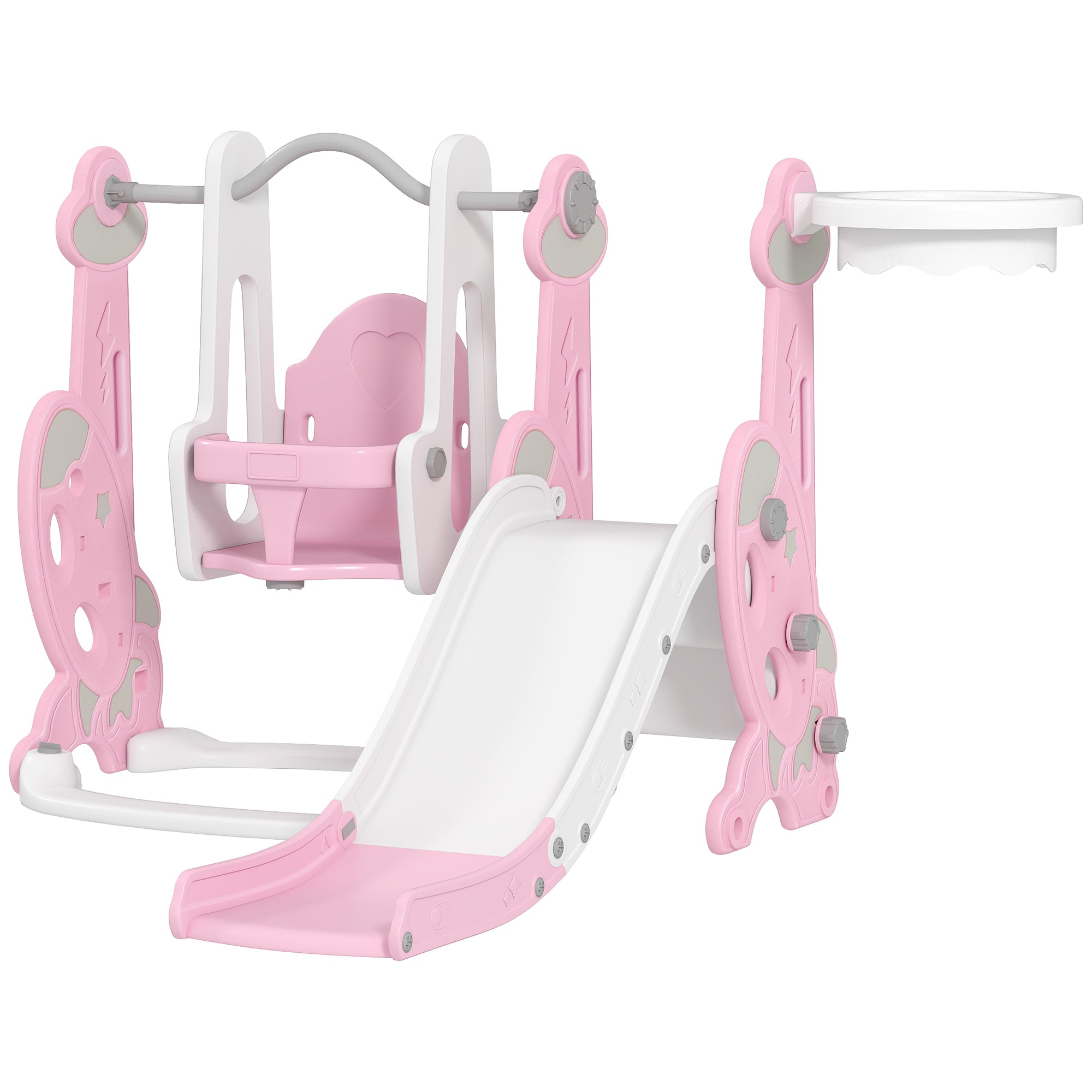 Kids Slide 4 in 1 Children's Playground with Swing and Slide Climber Basketball Hoop Rocket Theme for Indoor Play Pink and White