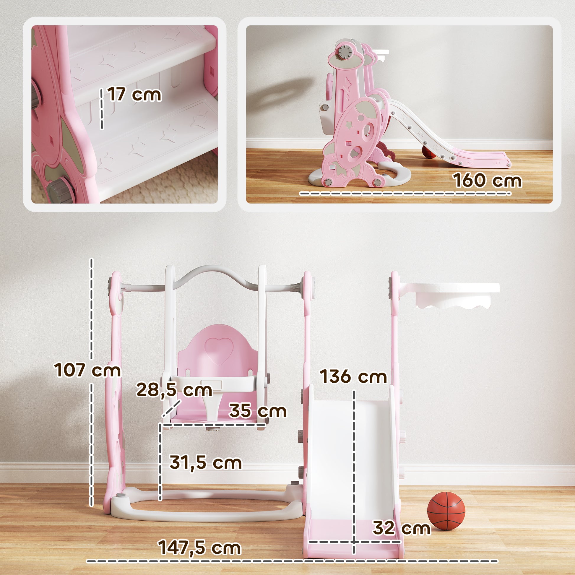 Kids Slide 4 in 1 Children's Playground with Swing and Slide Climber Basketball Hoop Rocket Theme for Indoor Play Pink and White