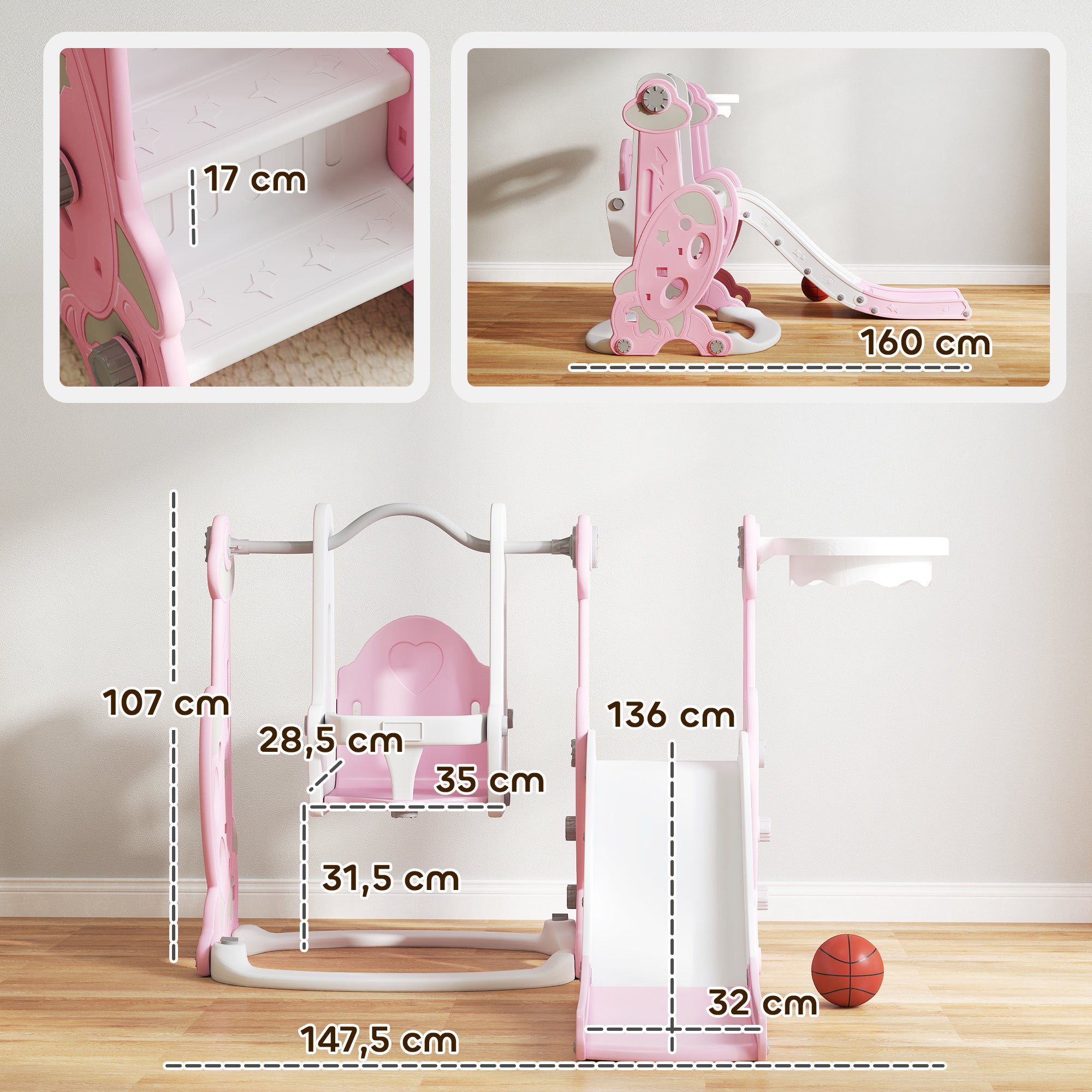 Kids Slide 4 in 1 Children's Playground with Swing and Slide Climber Basketball Hoop Rocket Theme for Indoor Play Pink and White