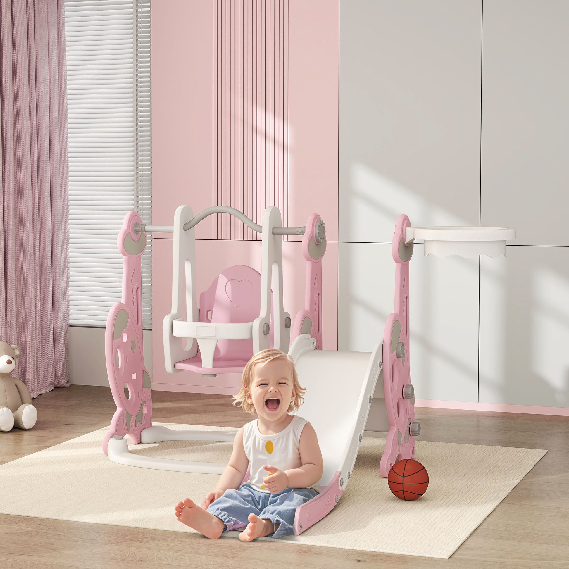 Kids Slide 4 in 1 Children's Playground with Swing and Slide Climber Basketball Hoop Rocket Theme for Indoor Play Pink and White