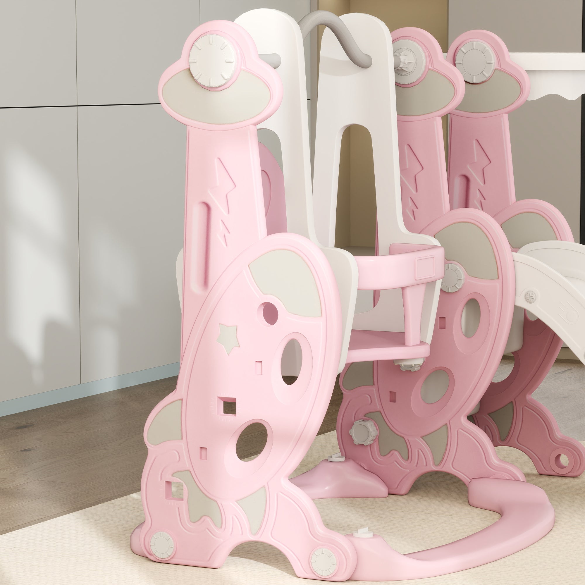 Kids Slide 4 in 1 Children's Playground with Swing and Slide Climber Basketball Hoop Rocket Theme for Indoor Play Pink and White