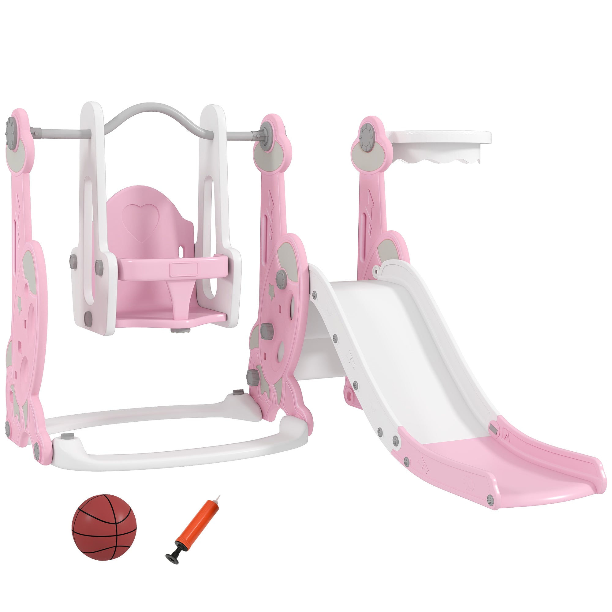 Kids Slide 4 in 1 Children's Playground with Swing and Slide Climber Basketball Hoop Rocket Theme for Indoor Play Pink and White