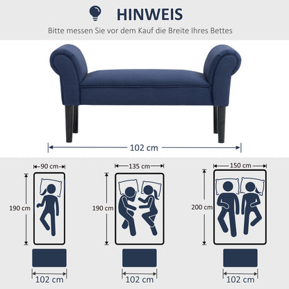 Bed Bench, Upholstered Bench, Storage Ottoman, Entryway Bench for Bedroom, Up to 130 kg Capacity, Canvas Fabric, Blue, 102 x 36 x 51 cm