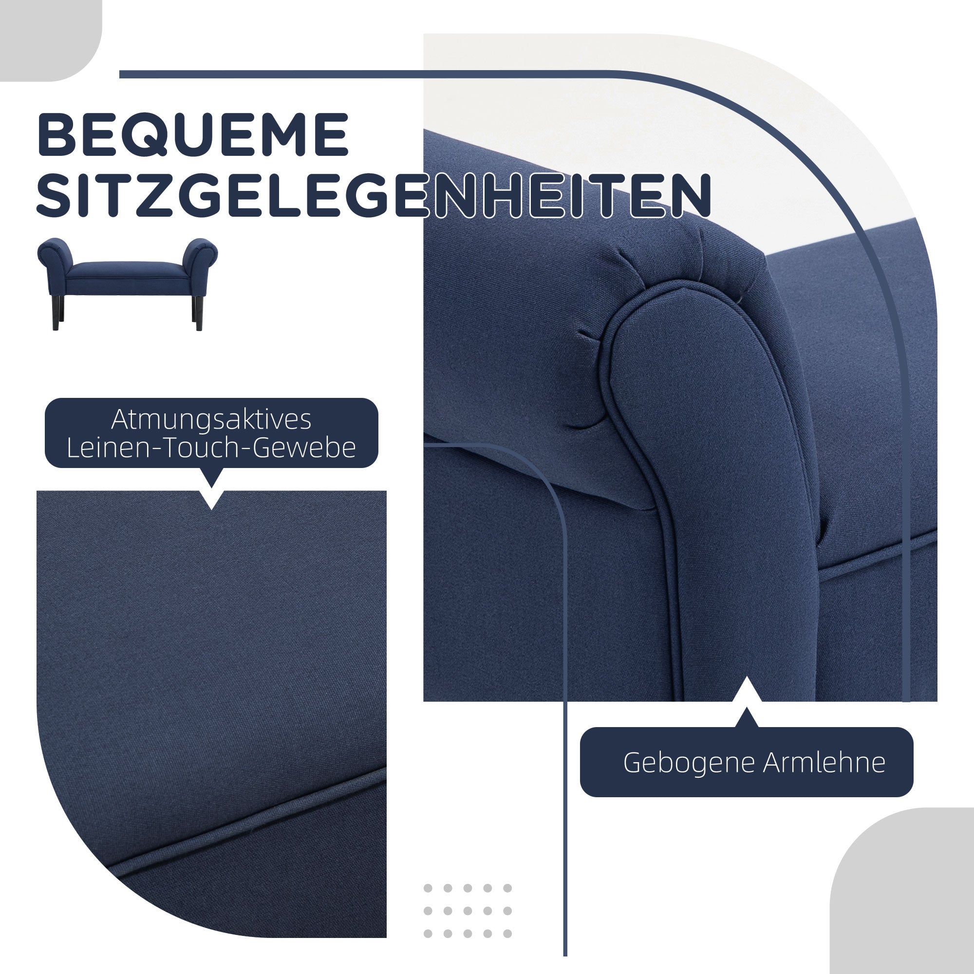 Bed Bench, Upholstered Bench, Storage Ottoman, Entryway Bench for Bedroom, Up to 130 kg Capacity, Canvas Fabric, Blue, 102 x 36 x 51 cm