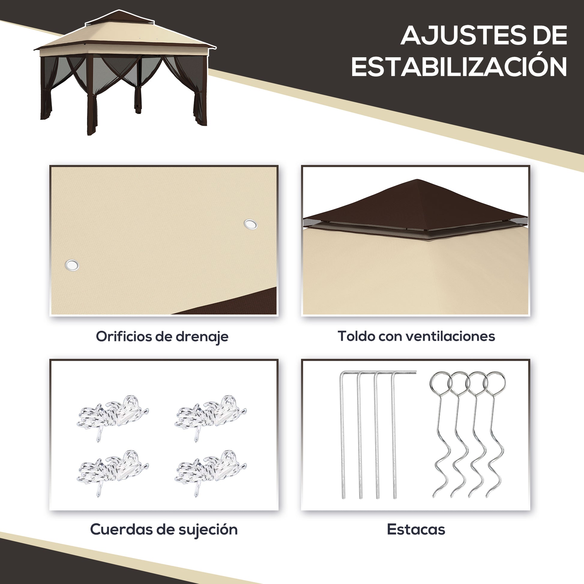 Foldable Gazebo 3x3x2.7m Garden Canopy with Adjustable Double Roof Height Mosquito Netting UV30+ Protection Waterproof and Carry Bag Outdoor Gazebo for Parties Camping Beige and Coffee