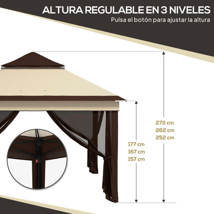 Foldable Gazebo 3x3x2.7m Garden Canopy with Adjustable Double Roof Height Mosquito Netting UV30+ Protection Waterproof and Carry Bag Outdoor Gazebo for Parties Camping Beige and Coffee