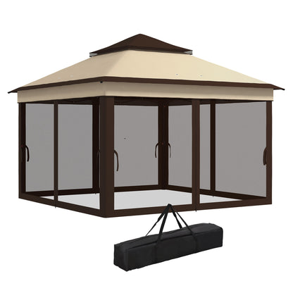 Foldable Gazebo 3x3x2.7m Garden Canopy with Adjustable Double Roof Height Mosquito Netting UV30+ Protection Waterproof and Carry Bag Outdoor Gazebo for Parties Camping Beige and Coffee