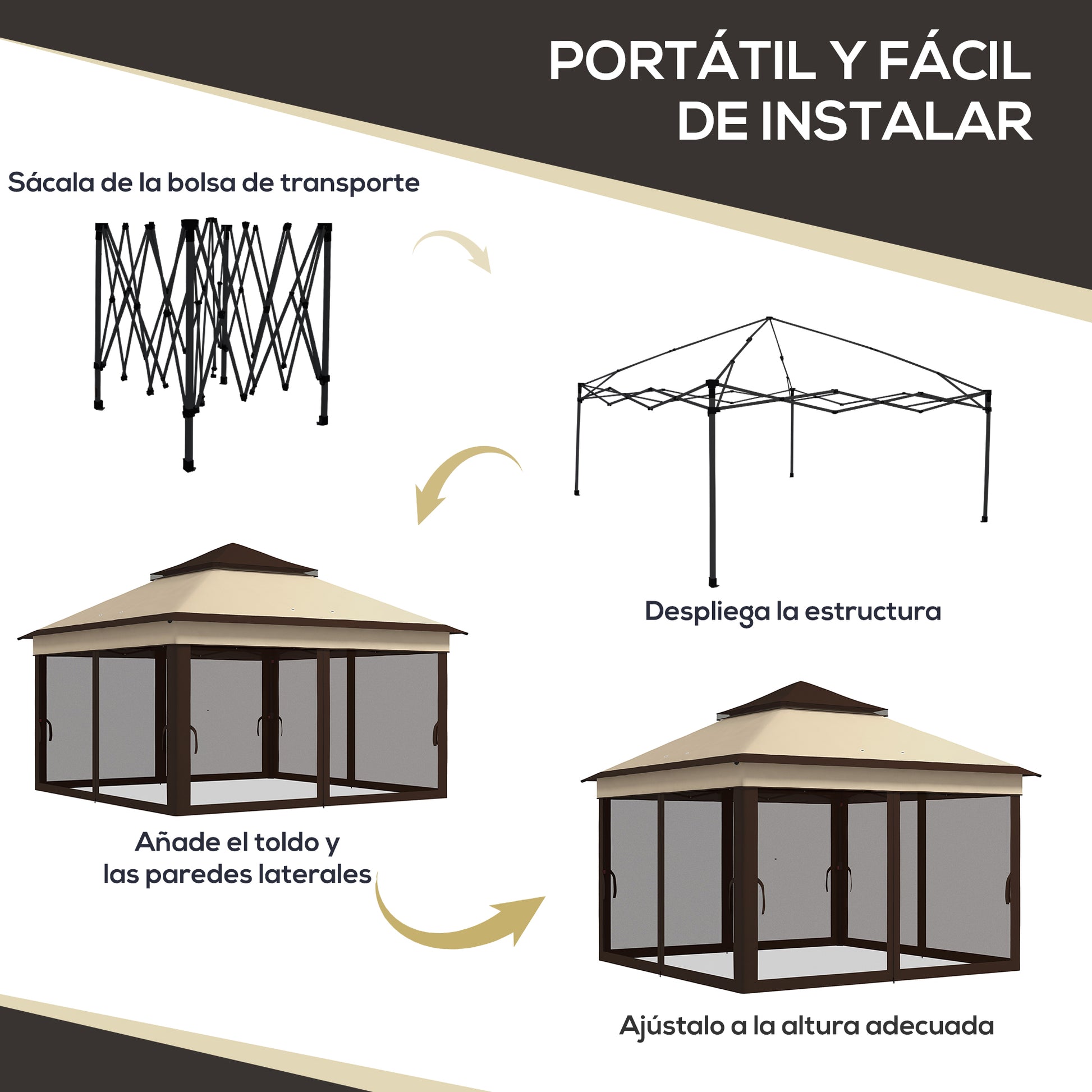Foldable Gazebo 3x3x2.7m Garden Canopy with Adjustable Double Roof Height Mosquito Netting UV30+ Protection Waterproof and Carry Bag Outdoor Gazebo for Parties Camping Beige and Coffee