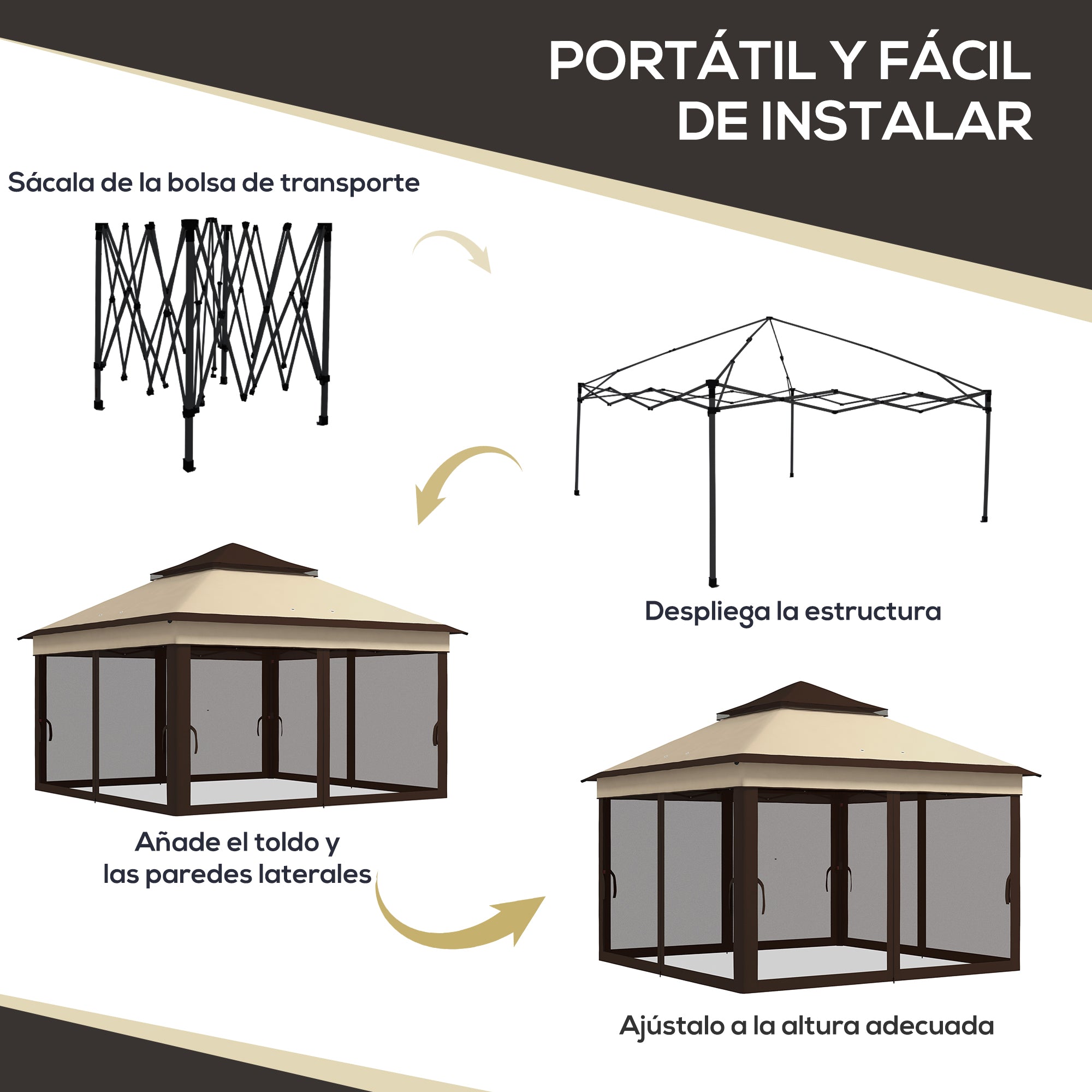 Foldable Gazebo 3x3x2.7m Garden Canopy with Adjustable Double Roof Height Mosquito Netting UV30+ Protection Waterproof and Carry Bag Outdoor Gazebo for Parties Camping Beige and Coffee