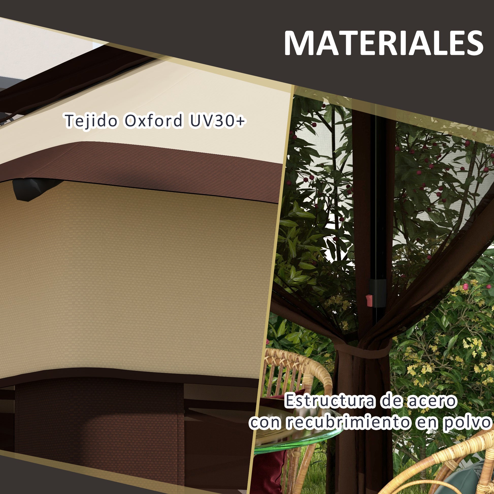 Foldable Gazebo 3x3x2.7m Garden Canopy with Adjustable Double Roof Height Mosquito Netting UV30+ Protection Waterproof and Carry Bag Outdoor Gazebo for Parties Camping Beige and Coffee