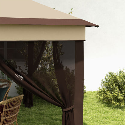 Foldable Gazebo 3x3x2.7m Garden Canopy with Adjustable Double Roof Height Mosquito Netting UV30+ Protection Waterproof and Carry Bag Outdoor Gazebo for Parties Camping Beige and Coffee