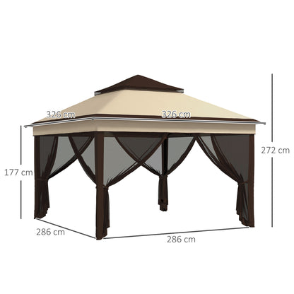 Foldable Gazebo 3x3x2.7m Garden Canopy with Adjustable Double Roof Height Mosquito Netting UV30+ Protection Waterproof and Carry Bag Outdoor Gazebo for Parties Camping Beige and Coffee