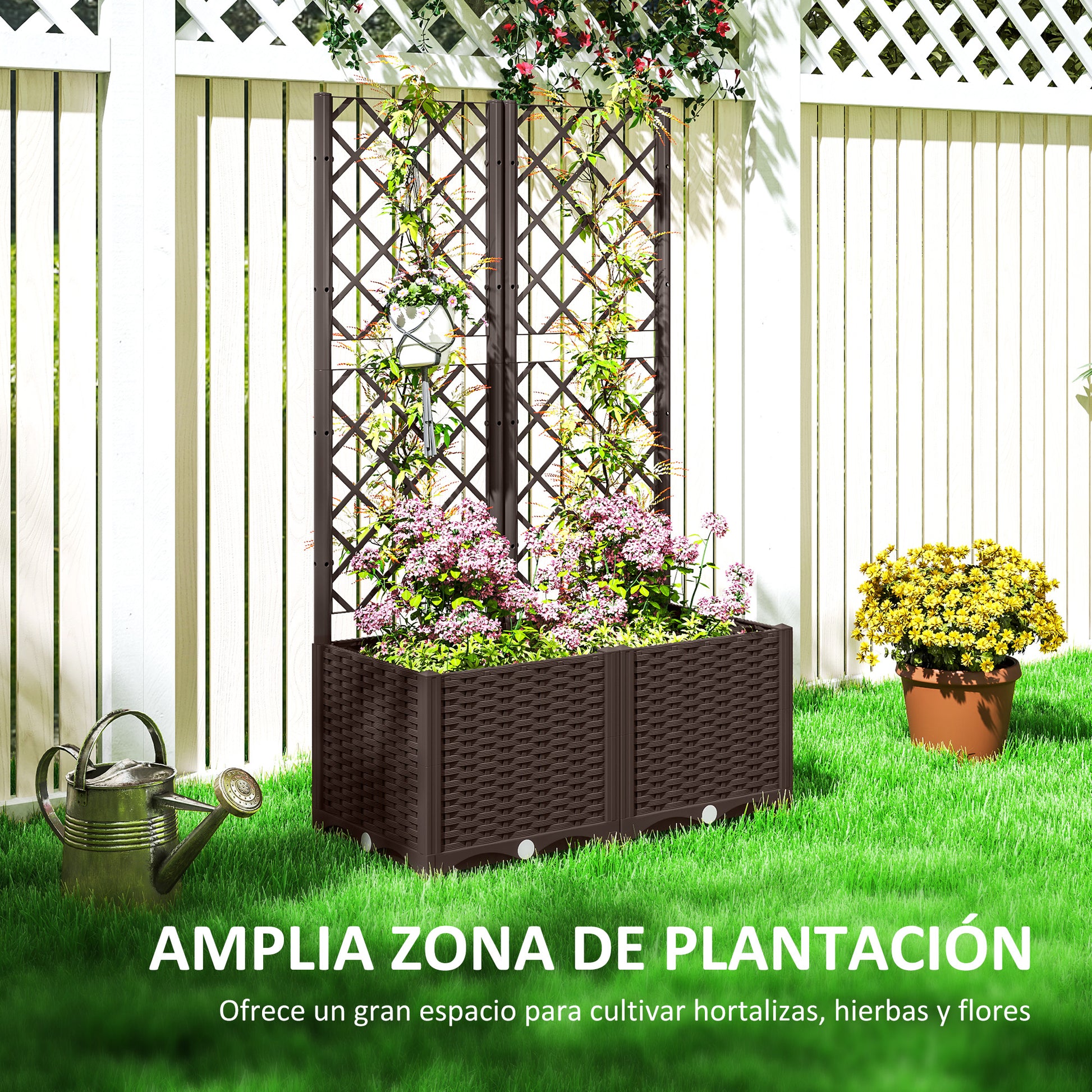 PP Trellis Planter Large Outdoor Planter with Drainage Holes and Water Reservoirs for Climbing Plants Planter with Stand for Garden Patio Terrace 80x40x135 cm Brown