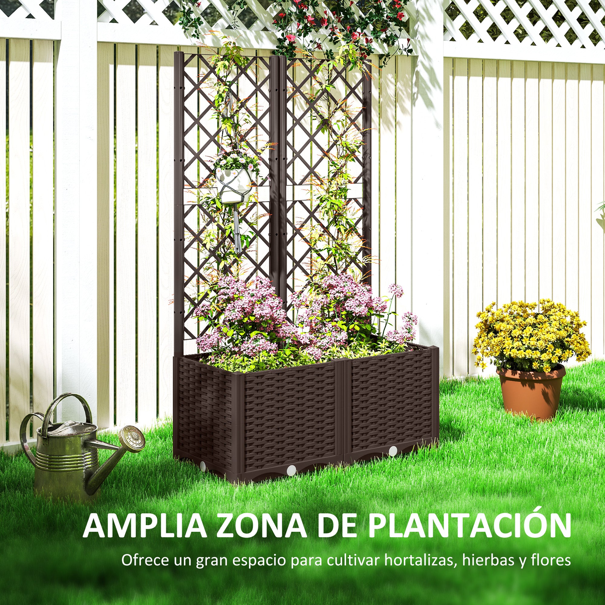PP Trellis Planter Large Outdoor Planter with Drainage Holes and Water Reservoirs for Climbing Plants Planter with Stand for Garden Patio Terrace 80x40x135 cm Brown