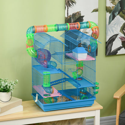 Hamster Cage Habitat for Small Animals with Multiple Levels, 4 Platforms, Food Bowl, Water Bottle, Exercise Wheel, Stairs, Tubes System 47x30x59 cm Blue