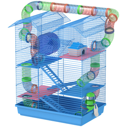 Hamster Cage Habitat for Small Animals with Multiple Levels, 4 Platforms, Food Bowl, Water Bottle, Exercise Wheel, Stairs, Tubes System 47x30x59 cm Blue