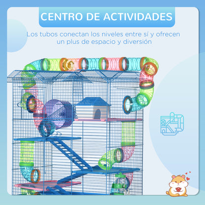 Hamster Cage Habitat for Small Animals with Multiple Levels, 4 Platforms, Food Bowl, Water Bottle, Exercise Wheel, Stairs, Tubes System 47x30x59 cm Blue