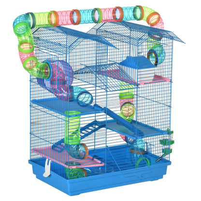 Hamster Cage Habitat for Small Animals with Multiple Levels, 4 Platforms, Food Bowl, Water Bottle, Exercise Wheel, Stairs, Tubes System 47x30x59 cm Blue