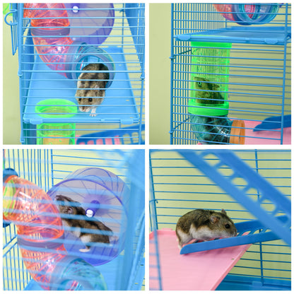 Hamster Cage Habitat for Small Animals with Multiple Levels, 4 Platforms, Food Bowl, Water Bottle, Exercise Wheel, Stairs, Tubes System 47x30x59 cm Blue