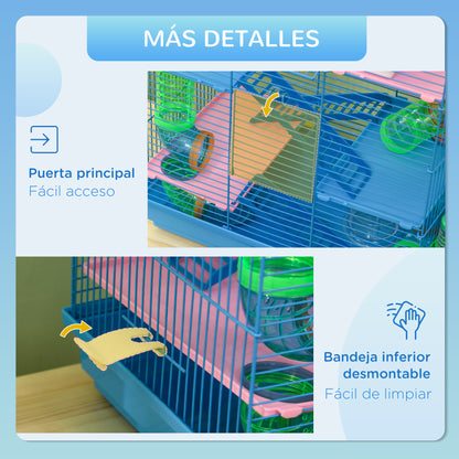 Hamster Cage Habitat for Small Animals with Multiple Levels, 4 Platforms, Food Bowl, Water Bottle, Exercise Wheel, Stairs, Tubes System 47x30x59 cm Blue