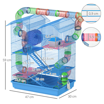 Hamster Cage Habitat for Small Animals with Multiple Levels, 4 Platforms, Food Bowl, Water Bottle, Exercise Wheel, Stairs, Tubes System 47x30x59 cm Blue