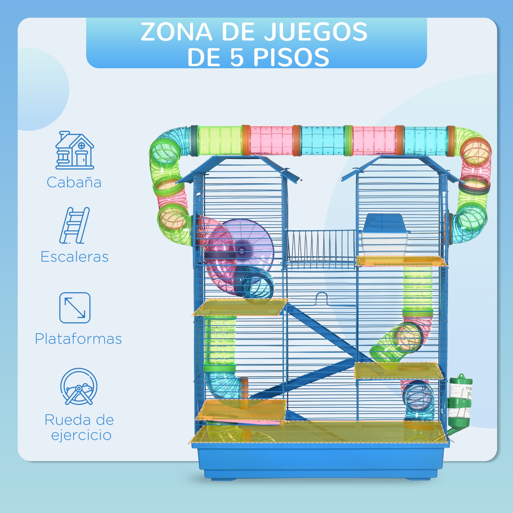 Hamster Cage Habitat for Small Animals with Multiple Levels, 4 Platforms, Food Bowl, Water Bottle, Exercise Wheel, Stairs, Tubes System 47x30x59 cm Blue