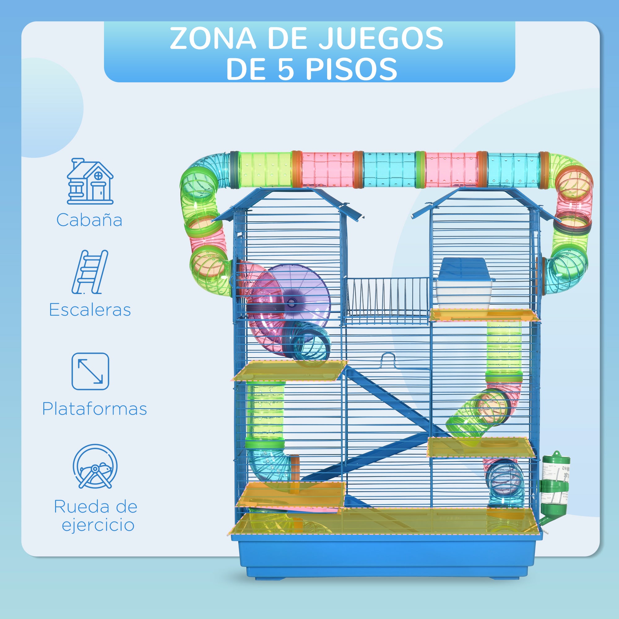 Hamster Cage Habitat for Small Animals with Multiple Levels, 4 Platforms, Food Bowl, Water Bottle, Exercise Wheel, Stairs, Tubes System 47x30x59 cm Blue