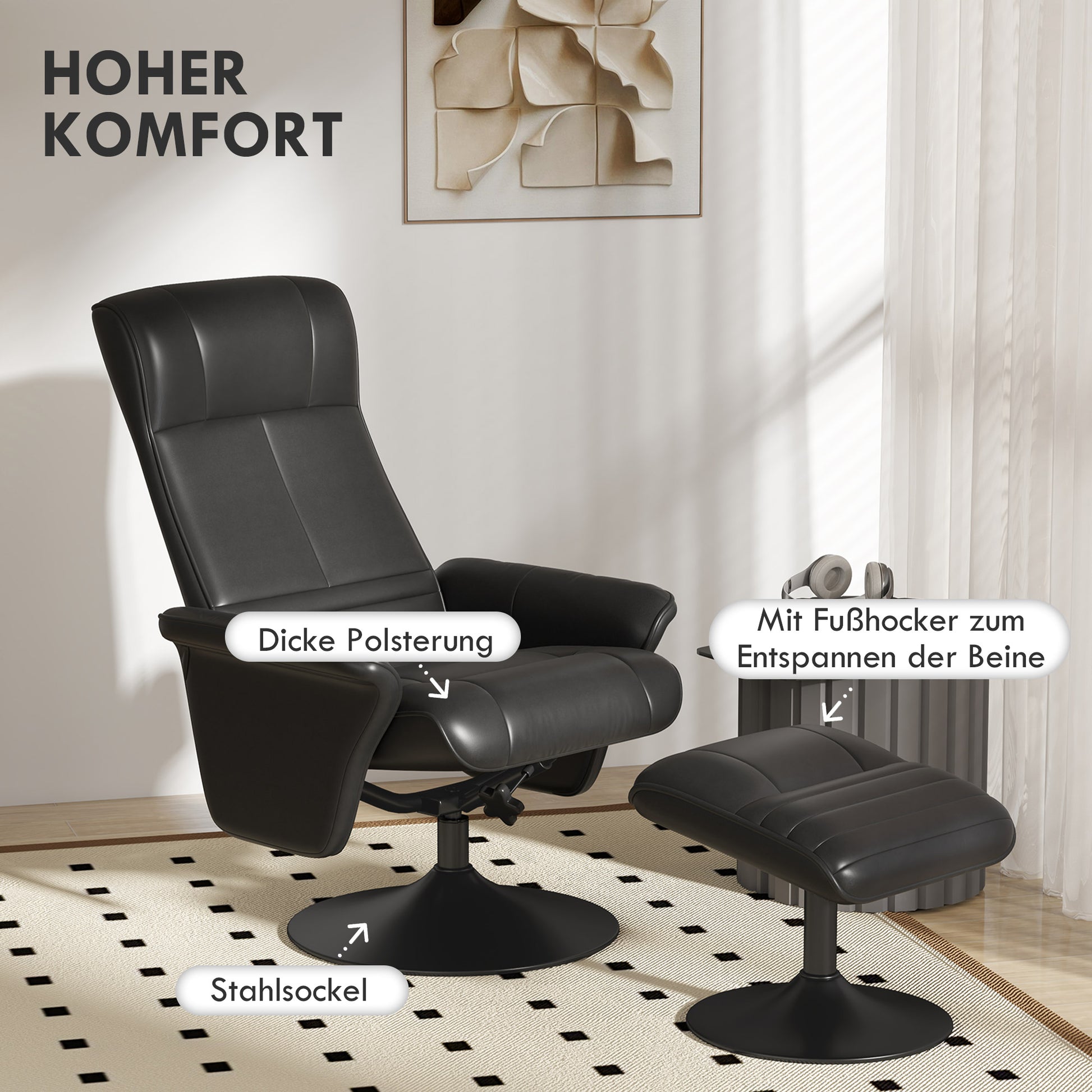 Recliner Chair with Footrest, 360° Swivel TV Reclining Chair with Upholstered Microfiber Look for Living Room, Black