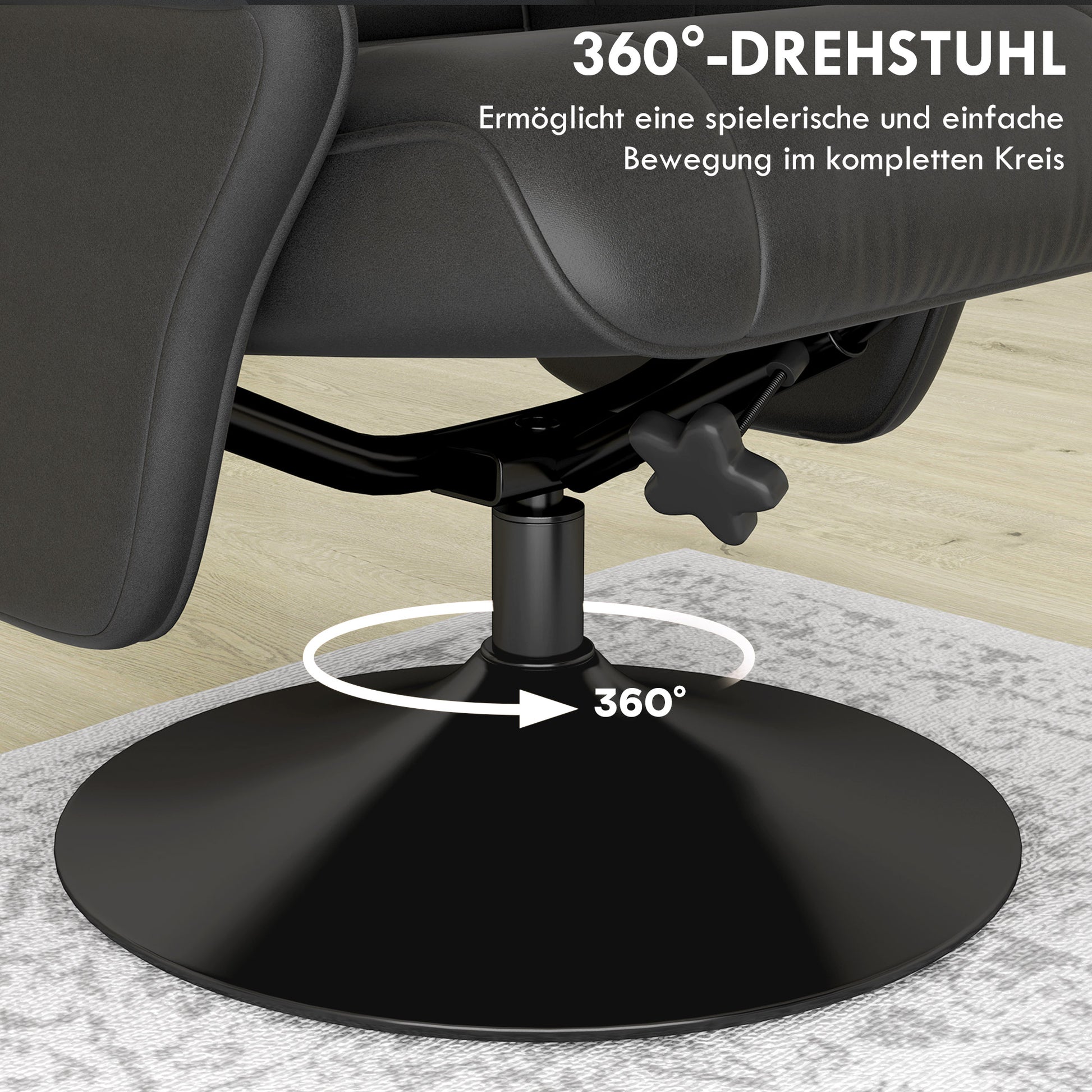 Recliner Chair with Footrest, 360° Swivel TV Reclining Chair with Upholstered Microfiber Look for Living Room, Black