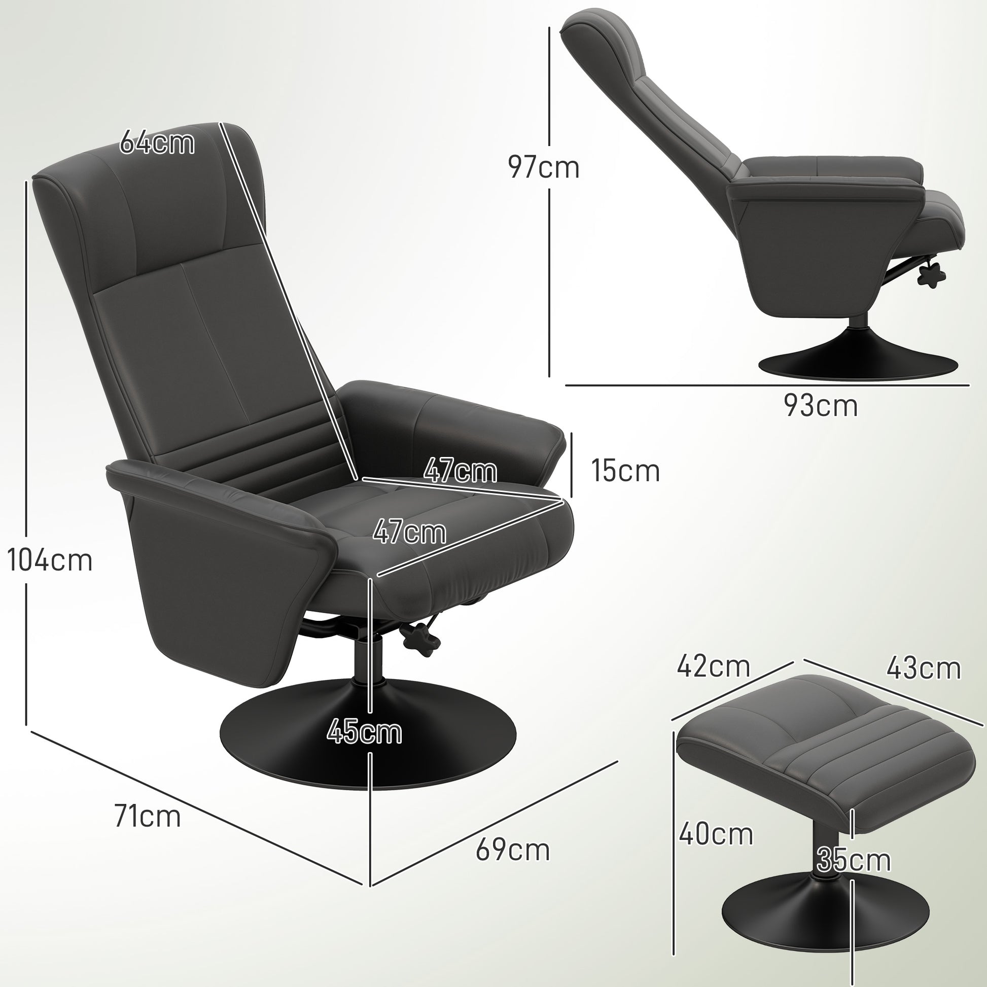 Recliner Chair with Footrest, 360° Swivel TV Reclining Chair with Upholstered Microfiber Look for Living Room, Black