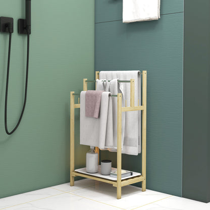 Bamboo Towel Rack with 3 Bars, Storage Shelf, 4 Hooks, and Removable Tray, Freestanding Towel Stand for Bathroom and Laundry Room, Natural Finish