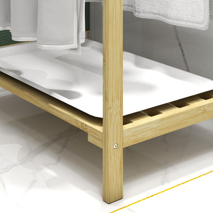 Bamboo Towel Rack with 3 Bars, Storage Shelf, 4 Hooks, and Removable Tray, Freestanding Towel Stand for Bathroom and Laundry Room, Natural Finish