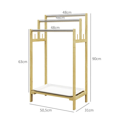 Bamboo Towel Rack with 3 Bars, Storage Shelf, 4 Hooks, and Removable Tray, Freestanding Towel Stand for Bathroom and Laundry Room, Natural Finish