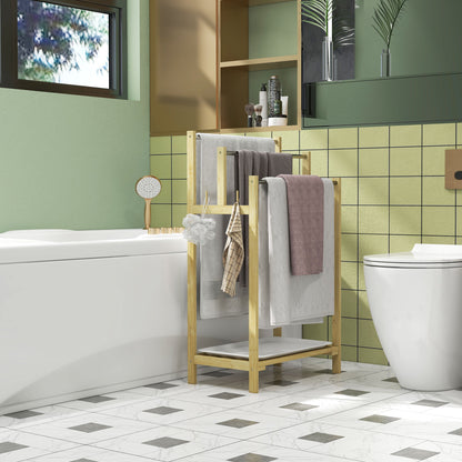 Bamboo Towel Rack with 3 Bars, Storage Shelf, 4 Hooks, and Removable Tray, Freestanding Towel Stand for Bathroom and Laundry Room, Natural Finish