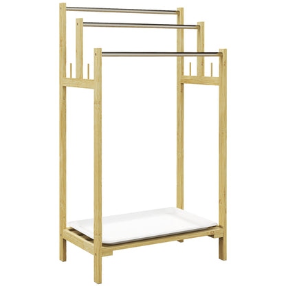 Bamboo Towel Rack with 3 Bars, Storage Shelf, 4 Hooks, and Removable Tray, Freestanding Towel Stand for Bathroom and Laundry Room, Natural Finish